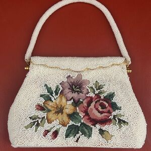 Vintage 1960’s white beaded purse with embroidered flowers & scalloped closure.